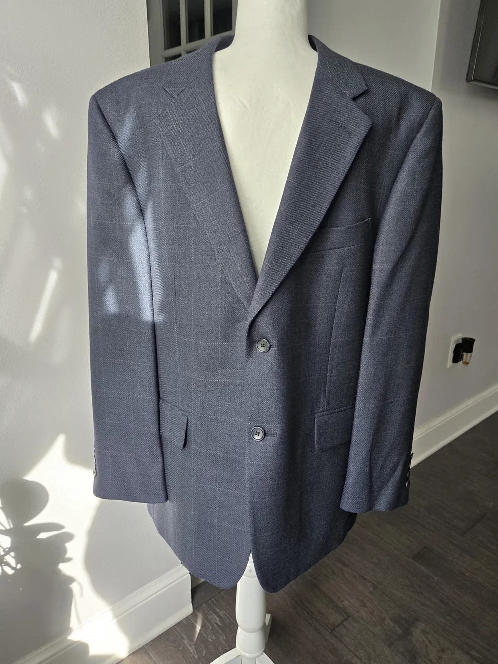 Jones New York 42S Blazer Sport Coat Silk Wool Blue Grey Orange Windowpane Plaid